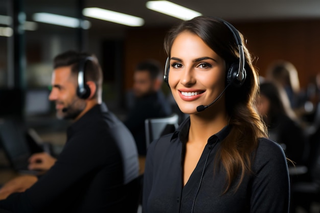 Foto callcenteragent met headset die aan de support hotline werkt in het kantoor omringd door collega's portret van een mooie jonge vrouw met over headset die in een callcenter werkt