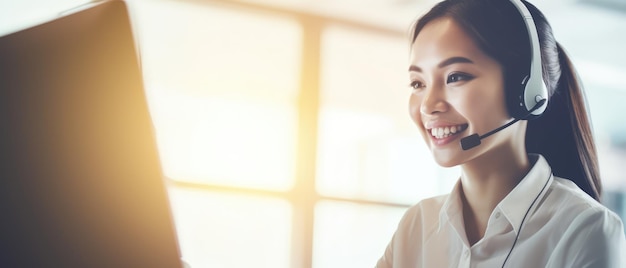 callcentervrouw met hoofdtelefoon glimlachte terwijl ze werkte en service verleende met hoffelijkheid en aandacht