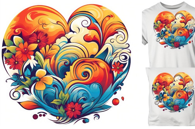 Photo calligraphic heart shape design for a shirt logo white background bright colors ai generated