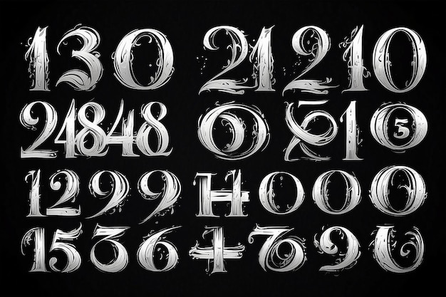 Calligraphic Numbers Set Elegant White Brush Stroke on Black Background