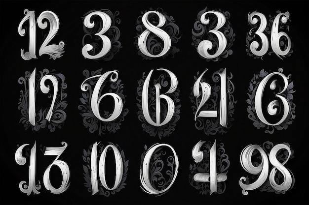 Photo calligraphic numbers set elegant white brush stroke on black background