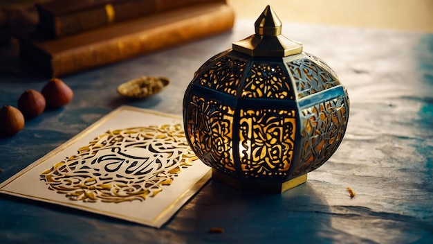 Foto testo calligrafico del ramadan mubarak tradotto in lingua araba con la moschea per celebrare i musulmani