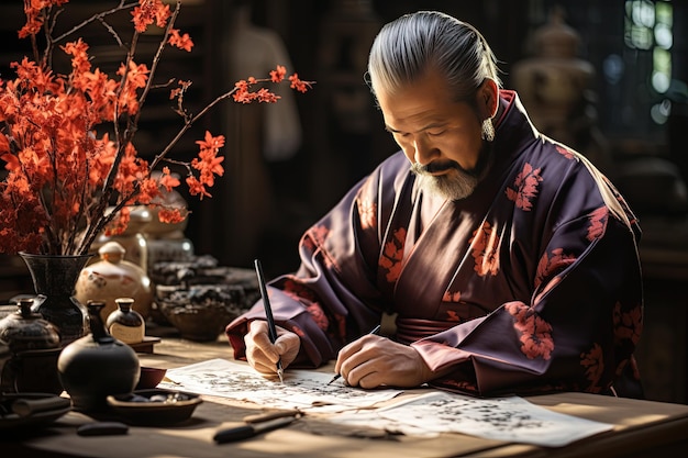 Calligraphy Artistry Skilled calligraphers create beautiful intricate characters to bring good fortune Generated with AI