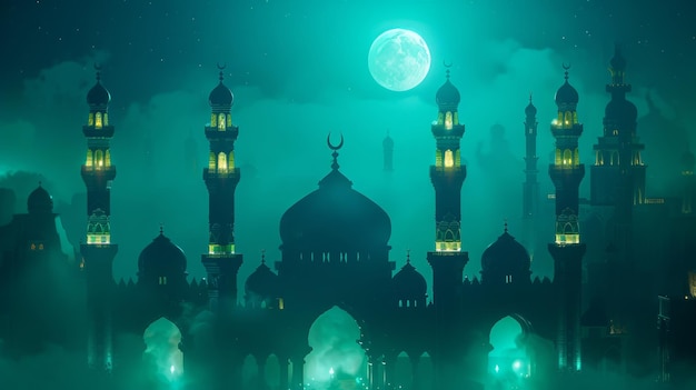 Photo calligraphy of eid mubarak on dark turquoise background with mosque hollow shape