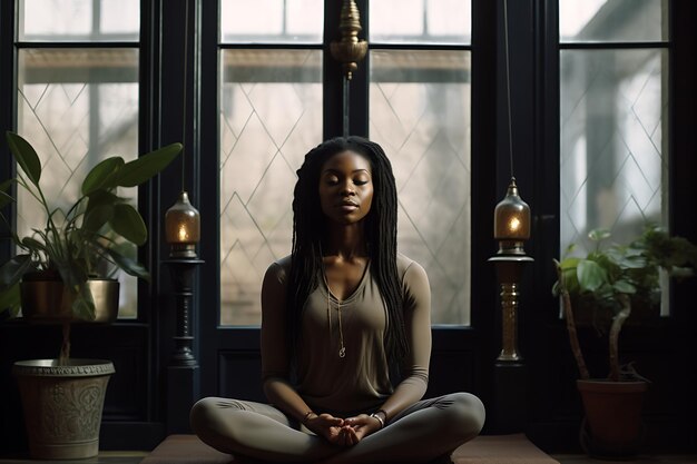 Calm african woman making yoga exercise at home