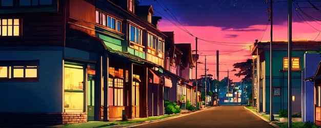 Calm anime street during a purple sunset