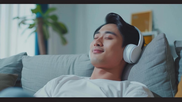 A calm Asian man listening to music audio books podcasts enjoying meditation for sleep and peaceful mind in wireless headphones leaning back writing