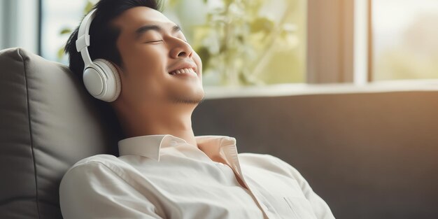 Calm asian man sitting on sofa listening to music audiobook enjoying meditation for sleep and peace in wireless headphones