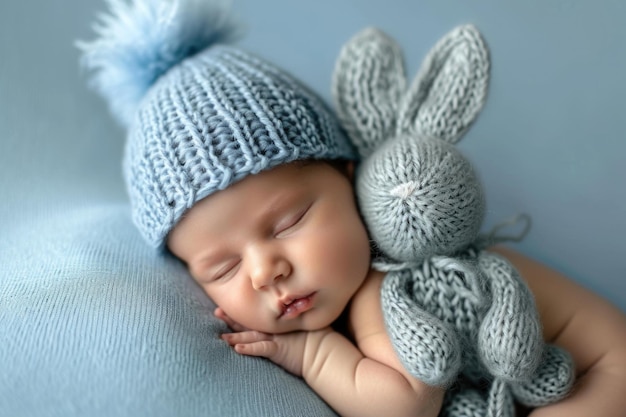 A calm baby sleeps with a blue knitted cap holding a gray bunny set against a soothing light blue background