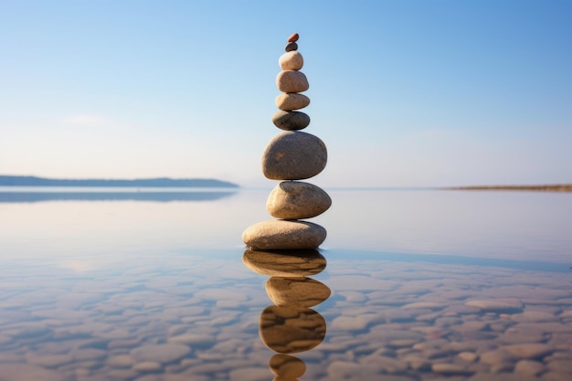 Foto una spiaggia tranquilla con pietre lisce accatastate in una torre di equilibrio