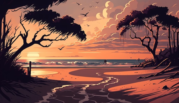 Спокойный пляж с восходом и закатом неба со скалами на горизонте Романтический фон