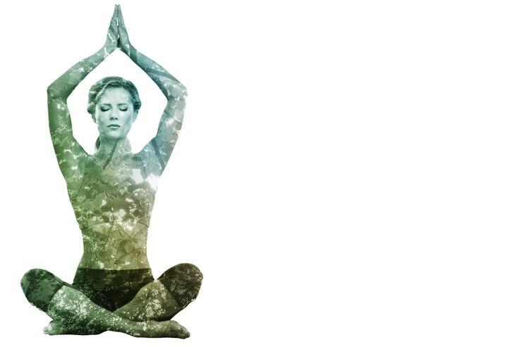 फोटो calm blonde meditating in lotus pose with arms raised against branches and autumnal leaves against the sunlight
