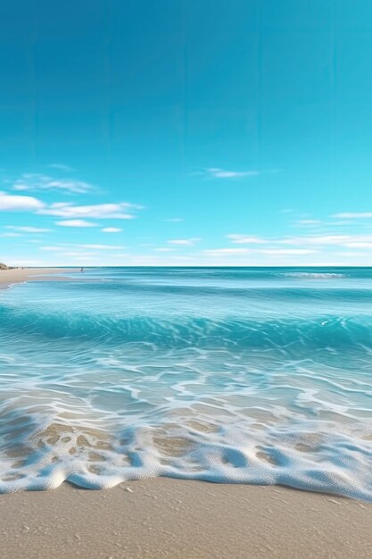 Calm blue sea against a blue sky with white cirrus clouds and an empty sandy beach generative ai