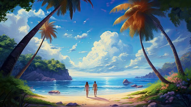 Calm blue sky with ocean Beach Lovely couple Coconut trees Green and blue leaves