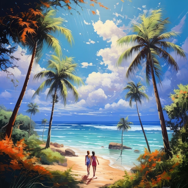 Calm blue sky with ocean Beach Lovely couple Coconut trees Green and blue leaves