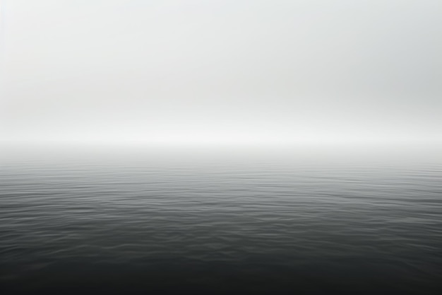 A calm body of water with a foggy sky in the background