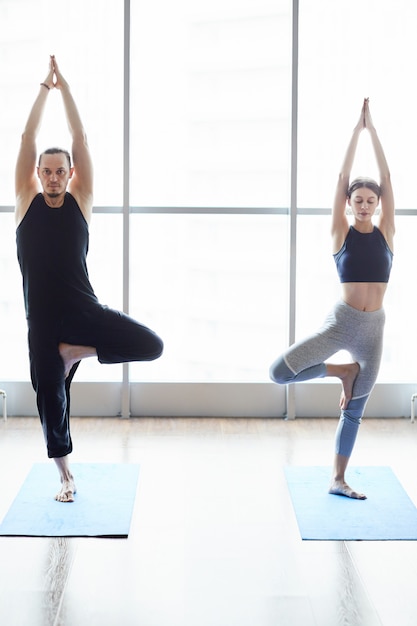 Calm couple practicing tree pose