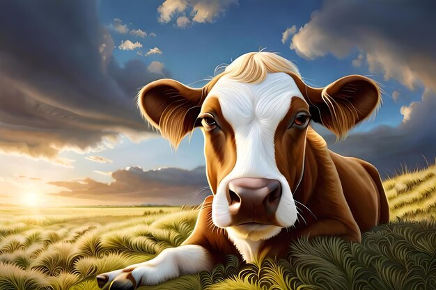 Photo a calm cow grazes peacefully in a lush green hayfield creative resource ai generated