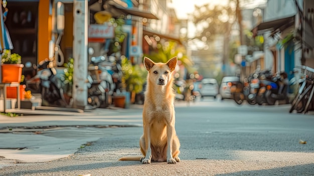 写真 静かな犬が街の通りで一人で座っており後ろにスクーターが駐車している