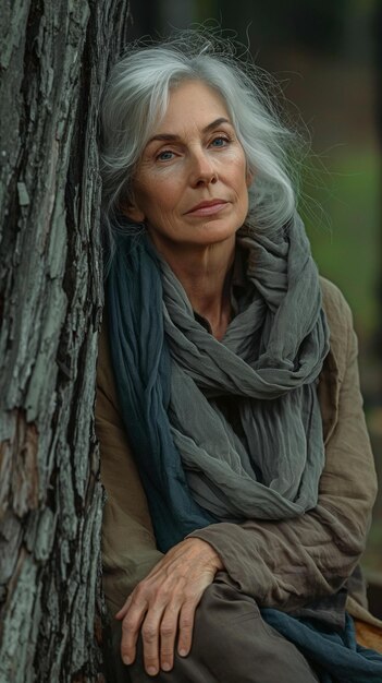 Photo a calm elderly woman leans on an ancient tree trunk