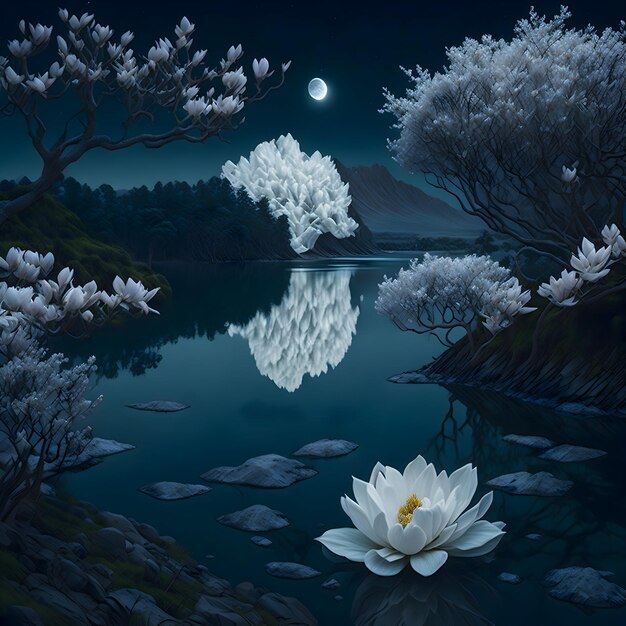 A Calm environment lotus flowers soft moonlight image generated by ai