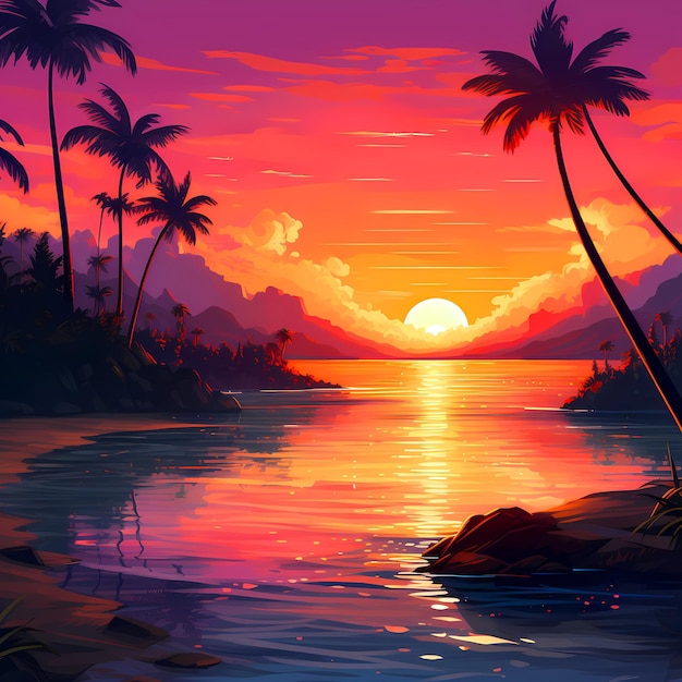 Calm Exotic Place At Sunset With Palm Trees