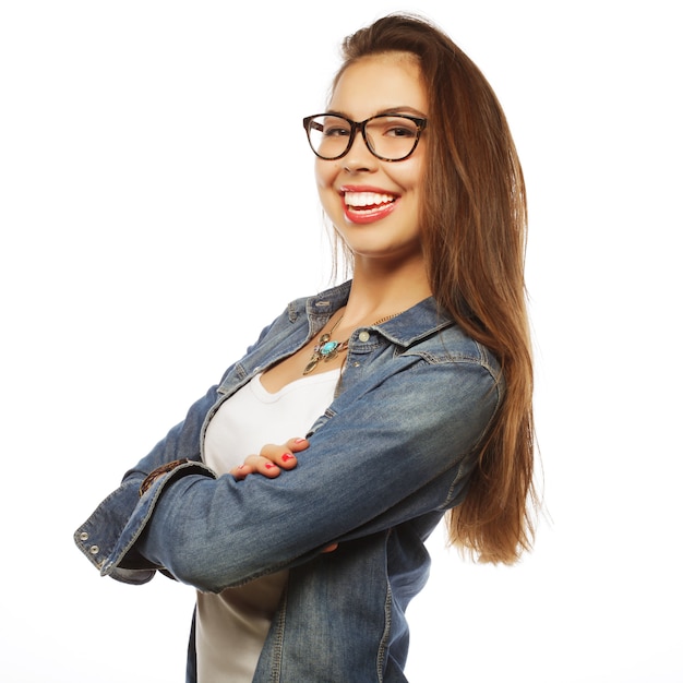 Calm and friendly woman with glasses