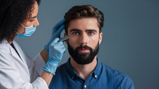 Photo calm handsome bearded dark haired young caucasian male patient being examined by a professional fem