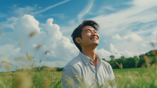 Calm Happy Smiling Asian Man with Closed Eyes on the Fields Free Peace Beautiful Moment Concept