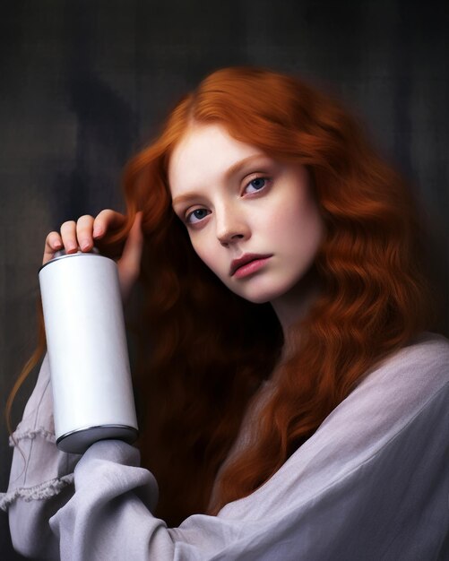 Calm healthy and fit young girl with red hair in white clothes holds cream in her hands on a dark background