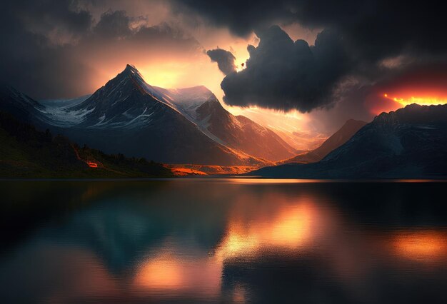 Calm lake in the Alps Sunset Mountains with snow caps in the background Generative Ai Art Cumulus clouds over the valley