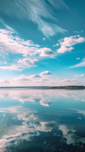 写真 calm lake reflecting blue sky and clouds