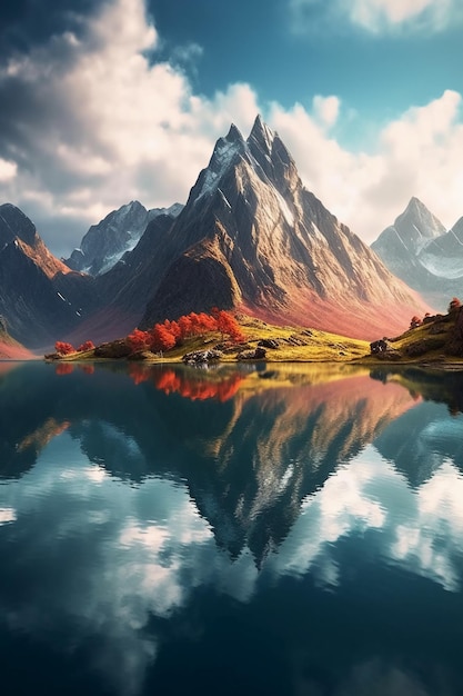 A calm lake surrounded by towering mountains AI generative