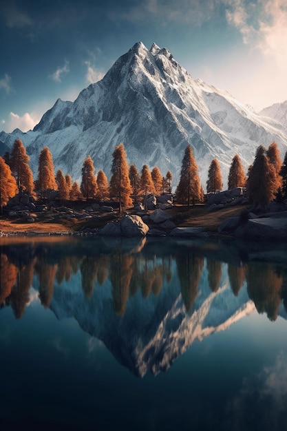 A calm lake surrounded by towering mountains AI generative