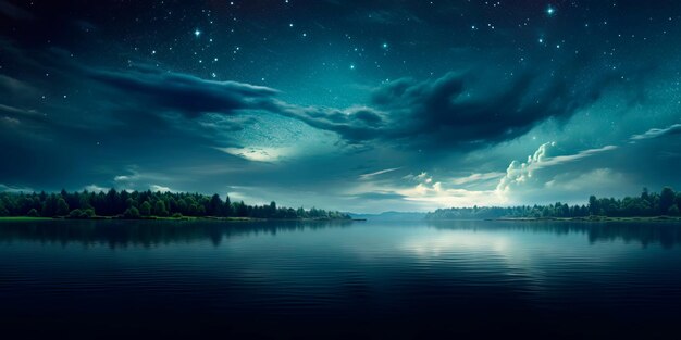 спокойное озеро, где поверхность воды отражает огромное небо с яркими звездами