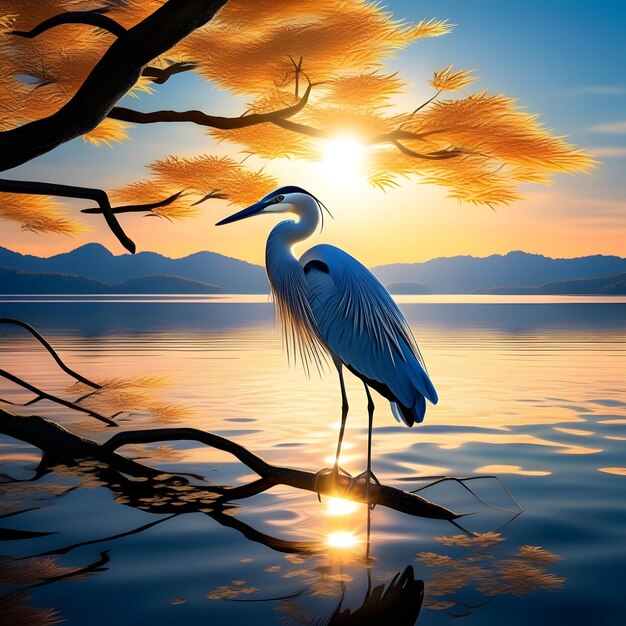 A calm lake with a blue sky with a bright sun there are dancing herons upon the lake