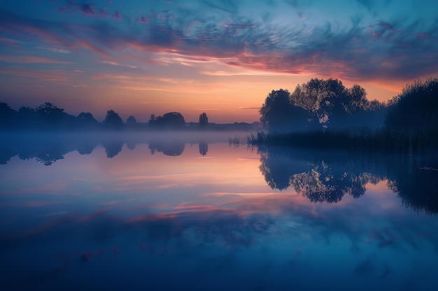 A calm lake with a foggy sky in the background