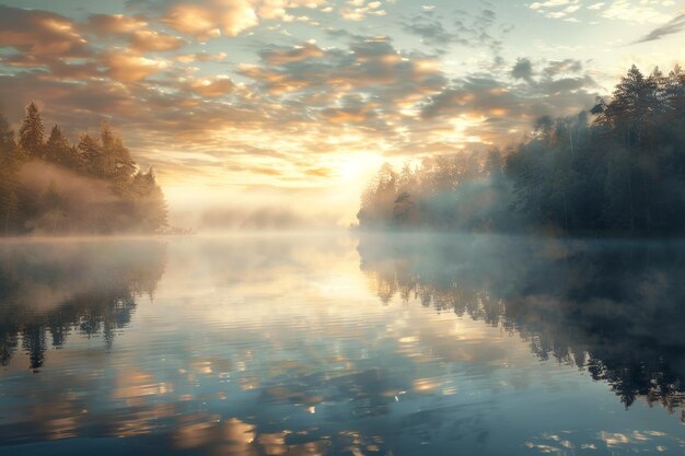 A calm lake with a foggy sky in the background