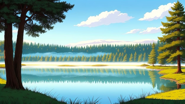 A calm lake with high green trees and mist around it Illustration AI Generated