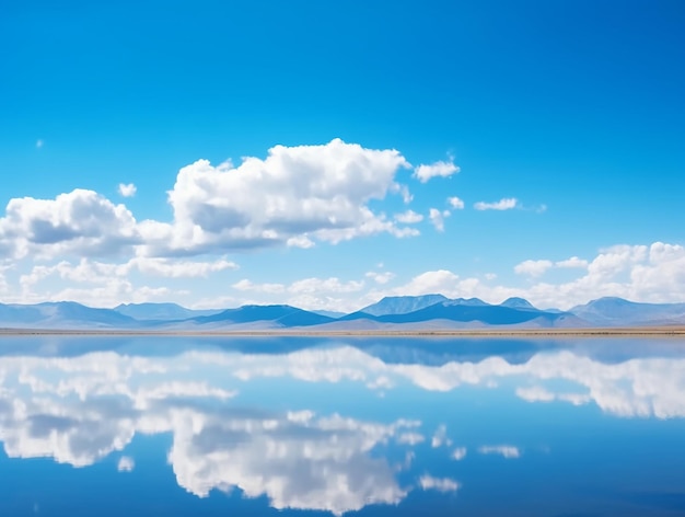 写真 空色の空と白い雲が浮かぶ穏やかな湖