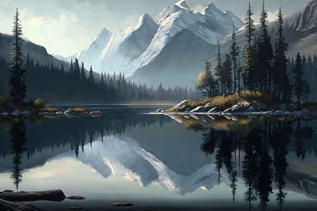 A calm lakeside scene with reflections of the forest and mountains in the water