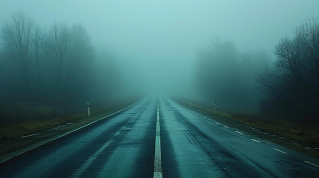 Calm landscape of an asphalt road in white fog Tranquil and mystical background with copy space