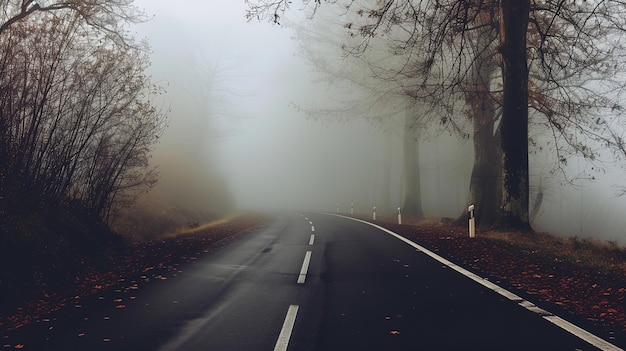 白い霧の中のアスファルト道路の静かな風景コピースペースの静かで神秘的な背景