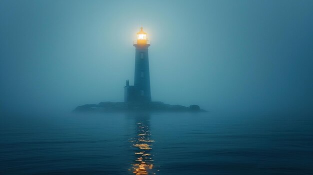 Calm landscape with a lonely lighthouse in the fog Mystical and mysterious background Generative AI