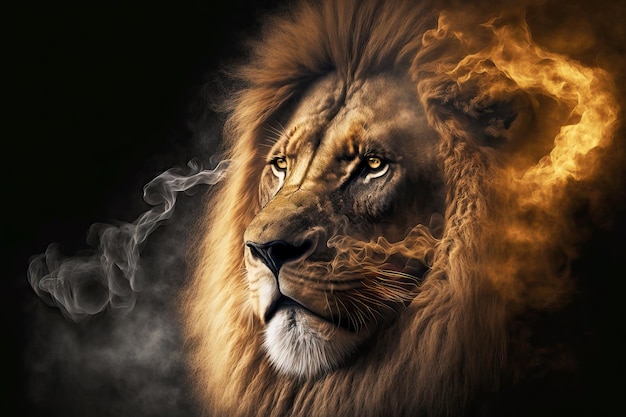 Calm majestic lion muzzle on black background in smoke