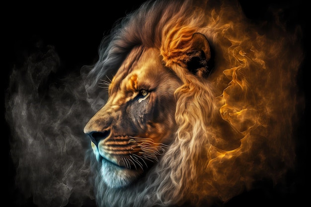 Calm majestic lion muzzle on black background in smoke