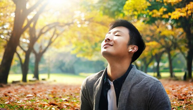 Calm Man Outdoors Relaxing And Breathing In Deeply In Autumn Parkai generated