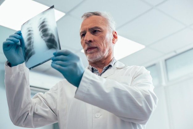 Calmo lavoratore medico caucasico maturo in camice bianco in piedi con una radiografia del torace e guardandolo attentamente