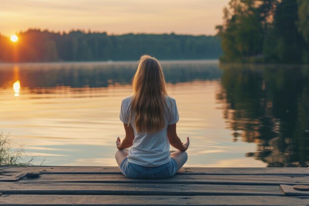 Calm morning meditation by the lake Young woman outdoors on the pier Wellbeing and wellness