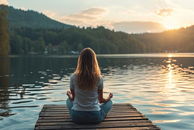 Calm morning meditation by the lake Young woman outdoors on the pier Wellbeing and wellness